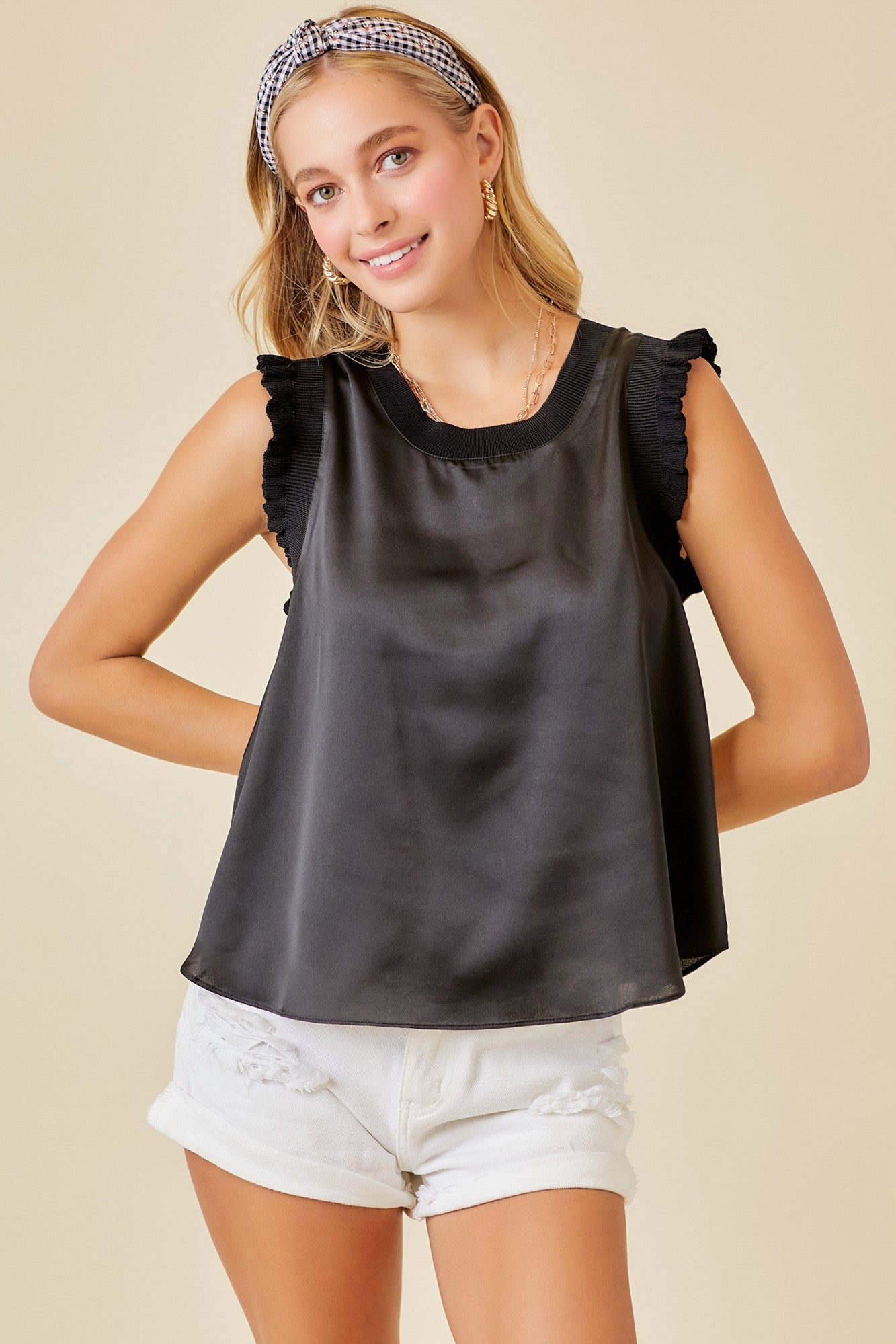 Ruffle Detail Satin Top Black