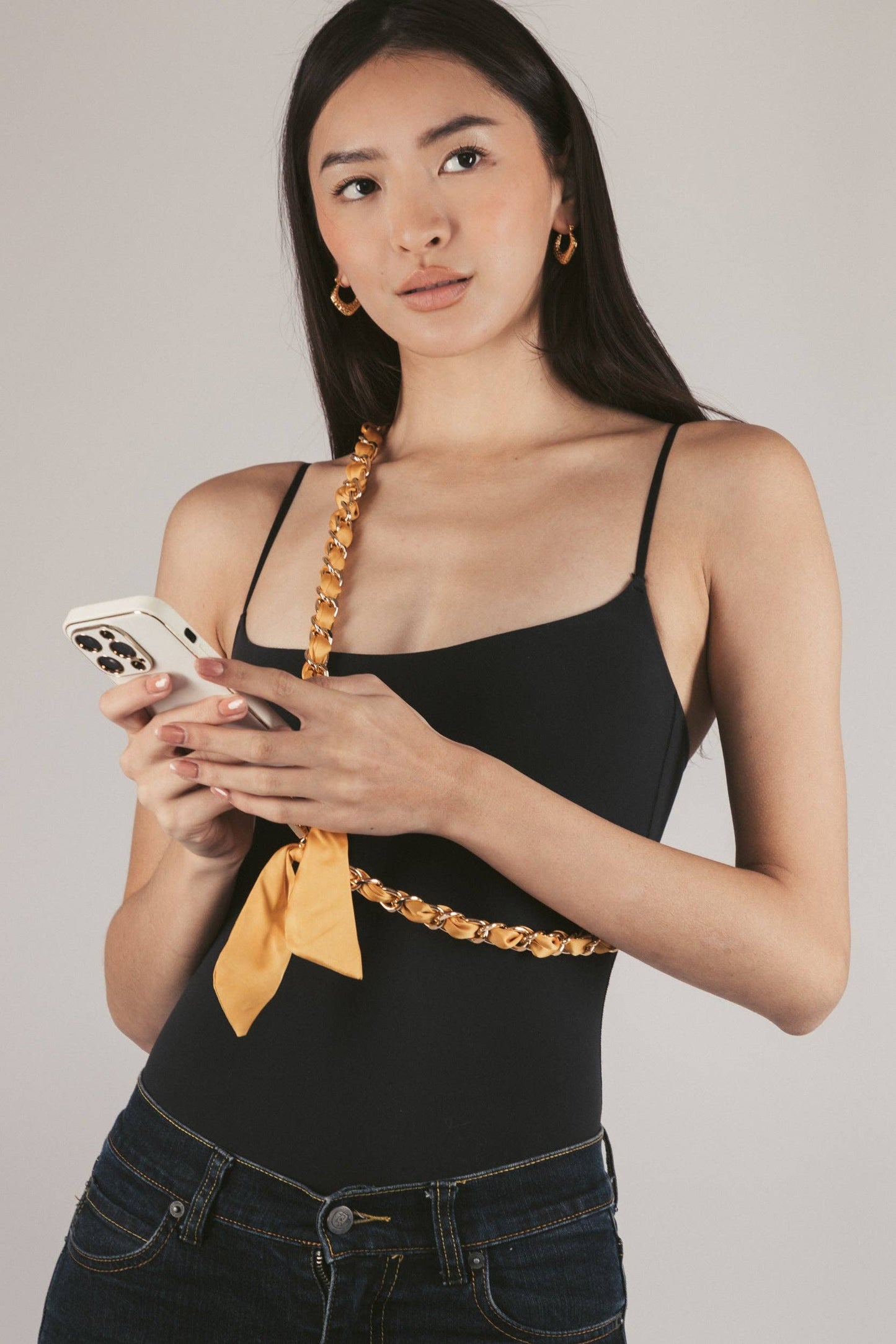 Elena Woven Link Crossbody Phone Strap: Black