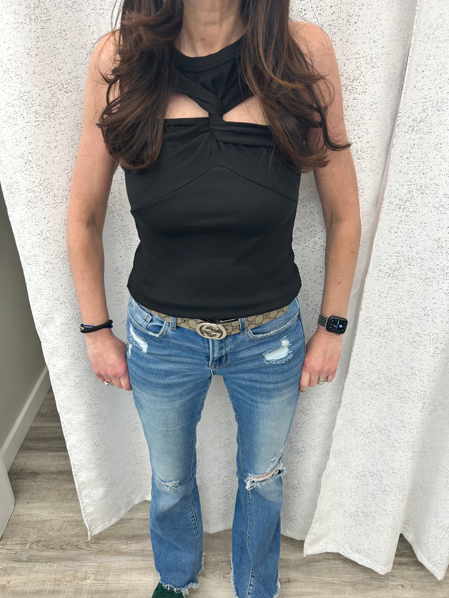 Cross Twist Neck Tank in Black