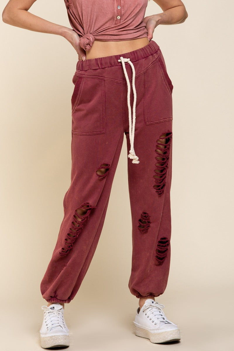 Burgundy Stone Distressed Jogger