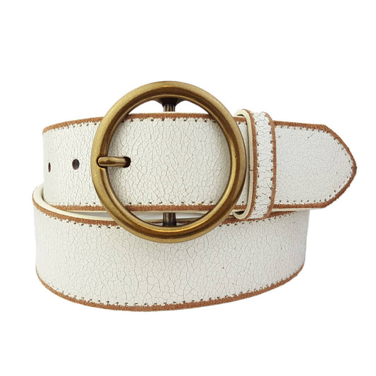 Vintage Distressed Edge Belt White With Brass Buckle