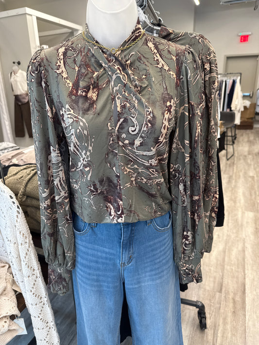 Olive Paisley Keyhole Top