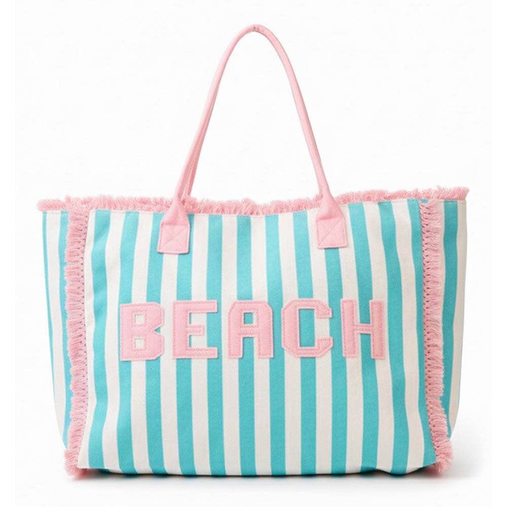 BEACH Letter Embroidery Terry Cloth Frayed Striped Shoulder Tote Bag: Teal