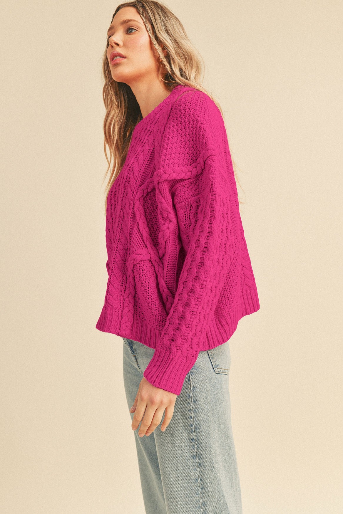 Braided Cable Knit Sweater Fuschia