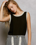Round Neck Sleeveless Trim Tank Black
