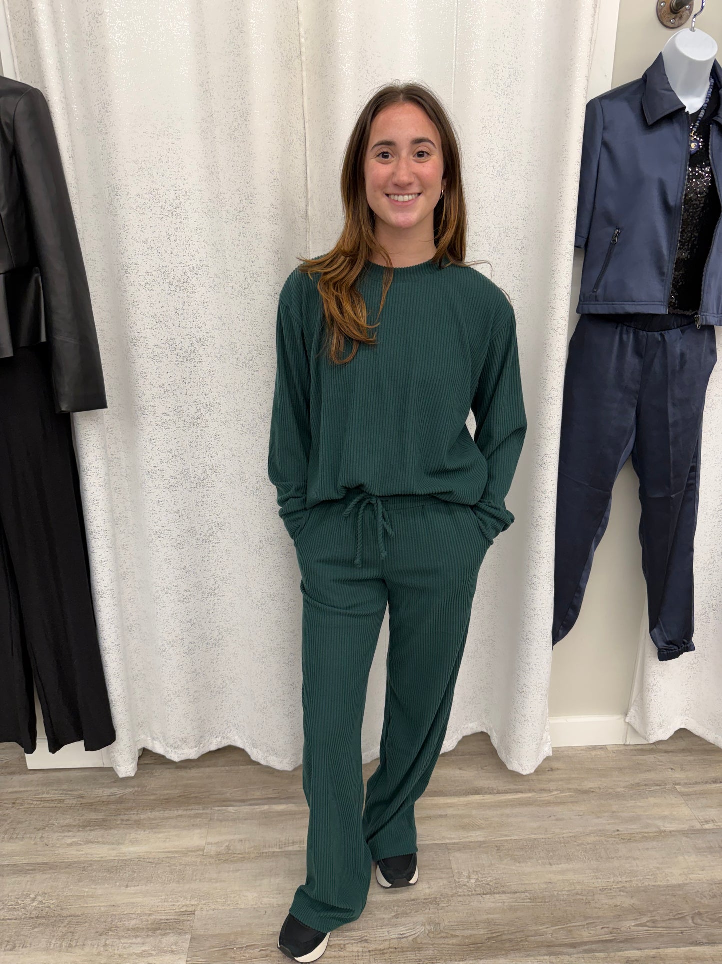 Muse Ribbed Wide Leg Pant Hunter Green