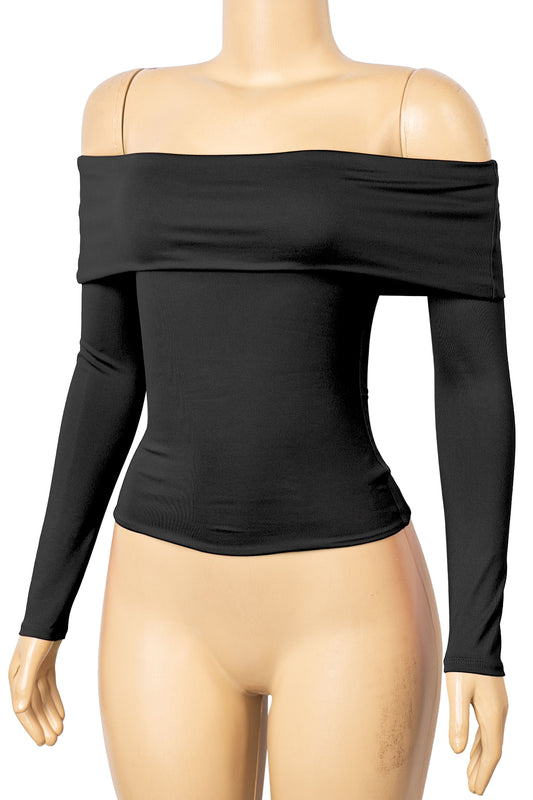 Long Sleeve Fold Over Top Black