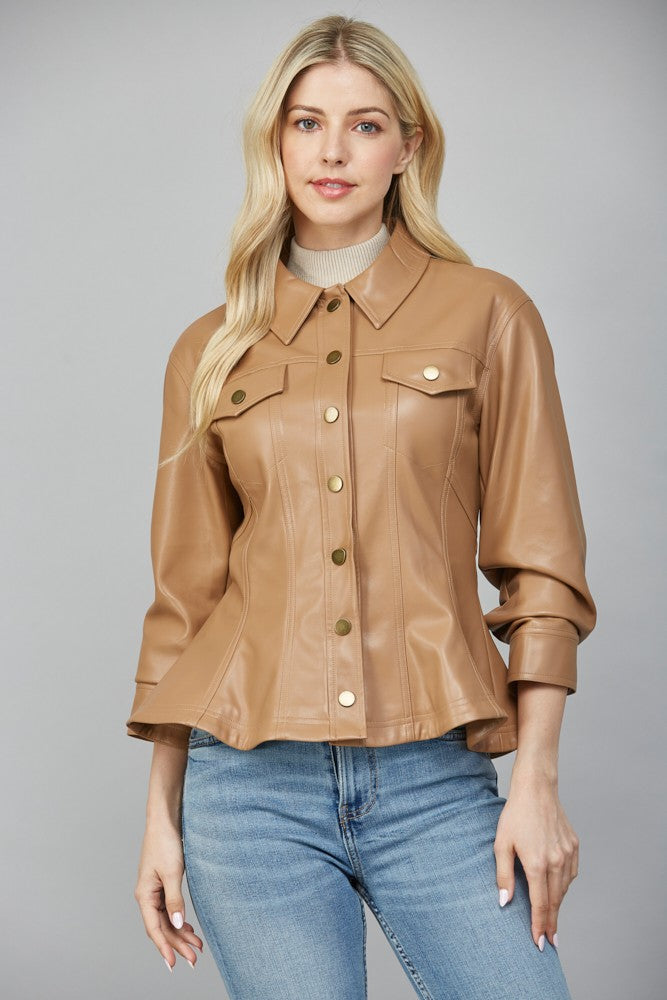Faux Leather Peplum Jacket Camel