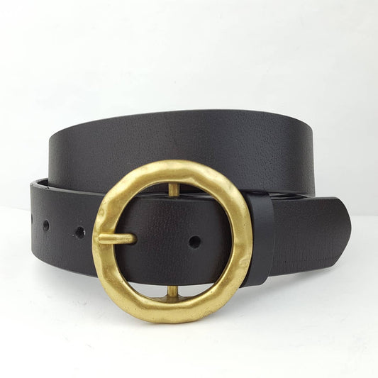 Matte Gold Round Buckle Leather Belt