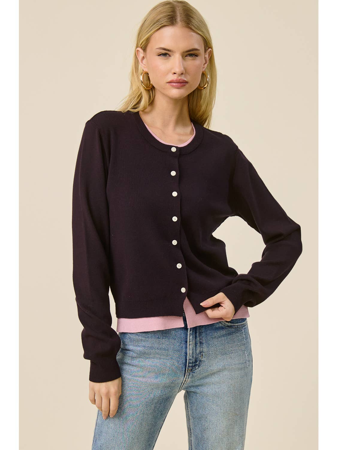 Twofer Crew Cardi Navy/Pink
