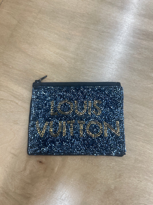 Louis Grey w Gold Letters Beaded Pouch