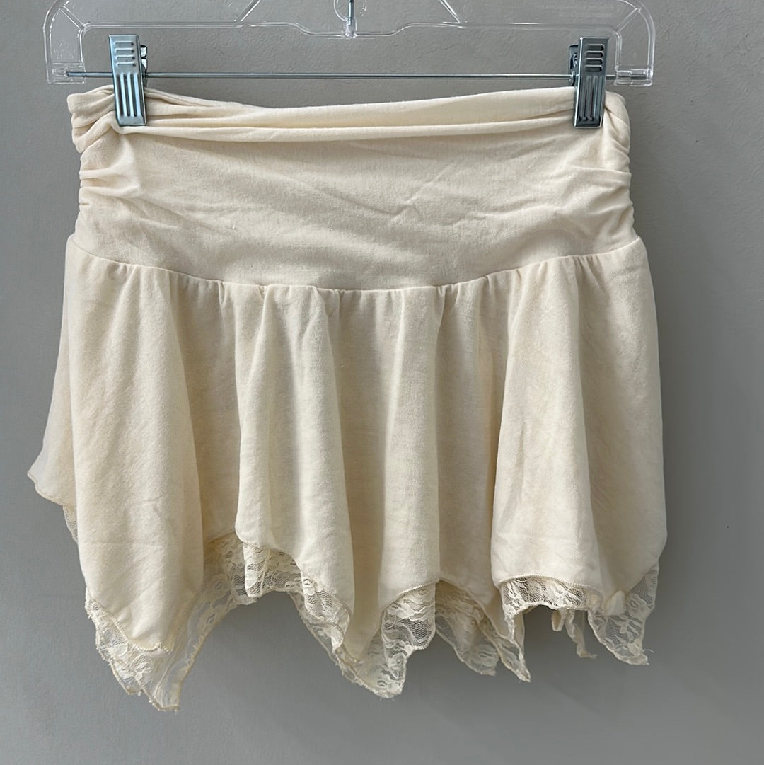 Shirred Lace Trim Mini Skirt Cream
