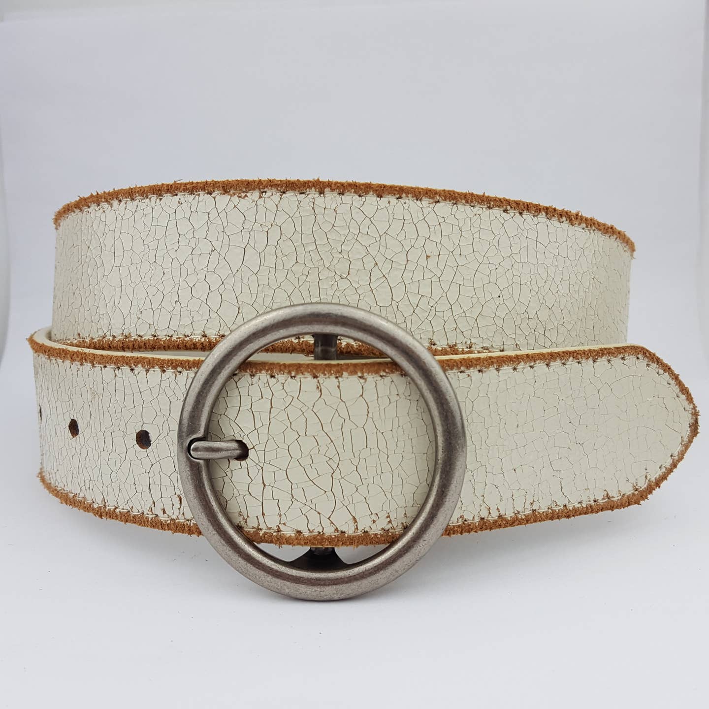 Vintage Distressed Edge Belt White With Silver Buckle