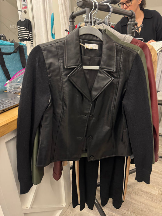 J. Society Faux Leather Jacket With Knit Sleeves