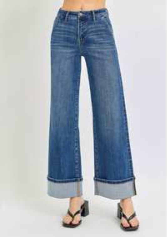 High Rise Ankle Wide Cuffed Jean