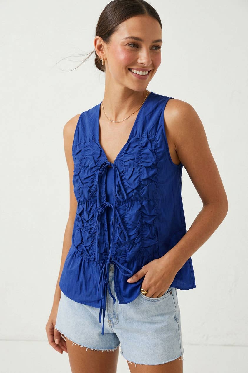 Navy Ruched Tie Front Top
