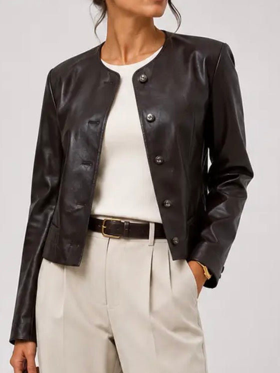 Marlow Collarless Faux Leather Jacket