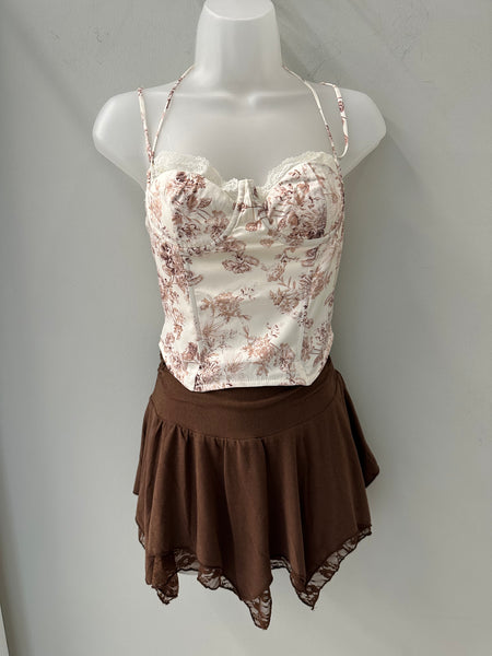 Shirred Lace Trim Mini Skirt Brown
