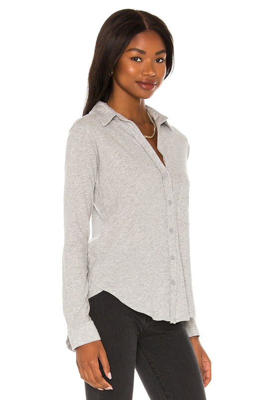 Long Sleeve Button Front Tee in Heather Grey
