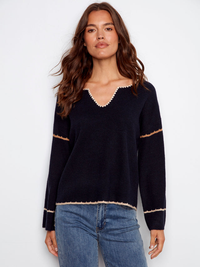 Embroidered Ribbed Sweater With Notch Neck