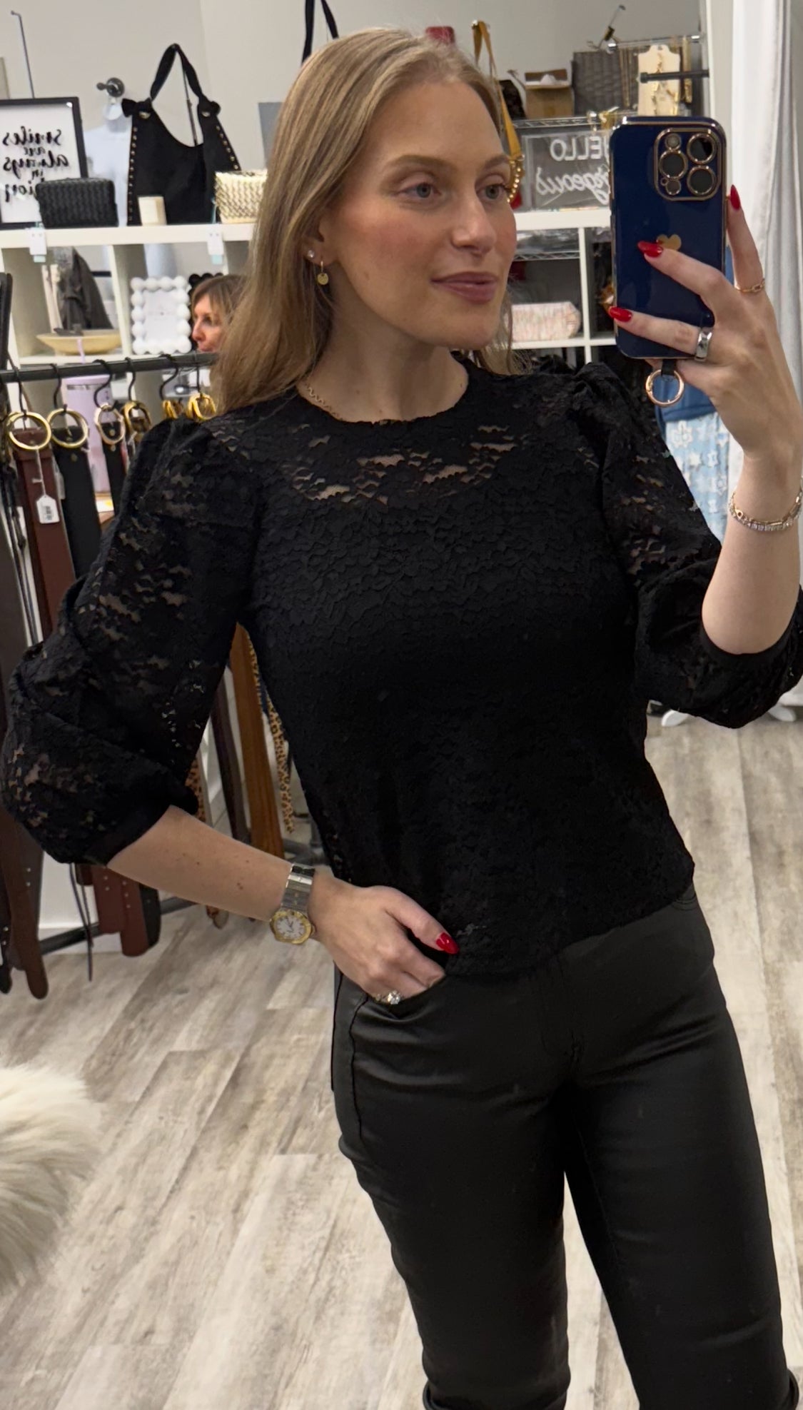 Black Lace Puff Sleeve