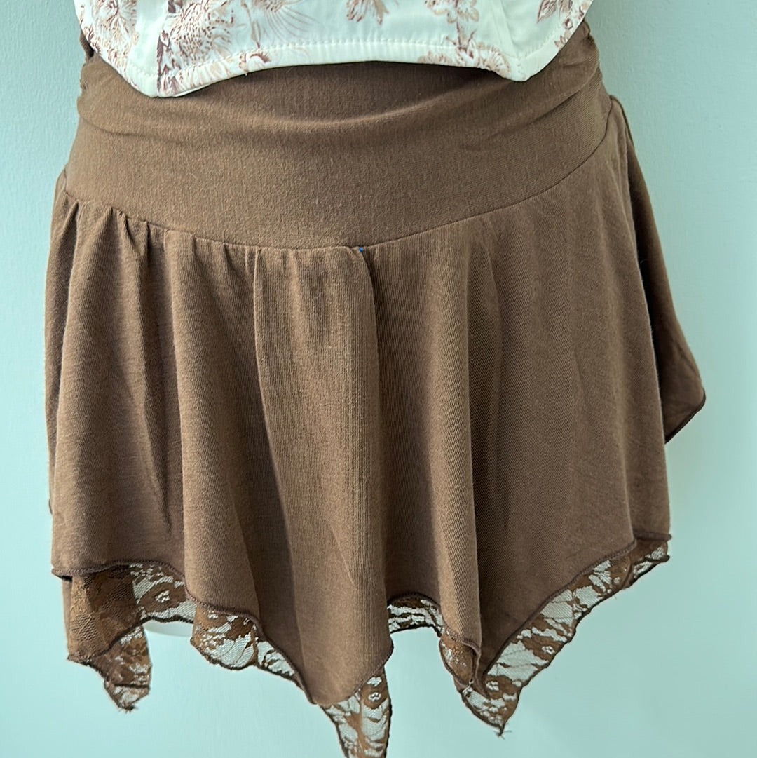 Shirred Lace Trim Mini Skirt Brown
