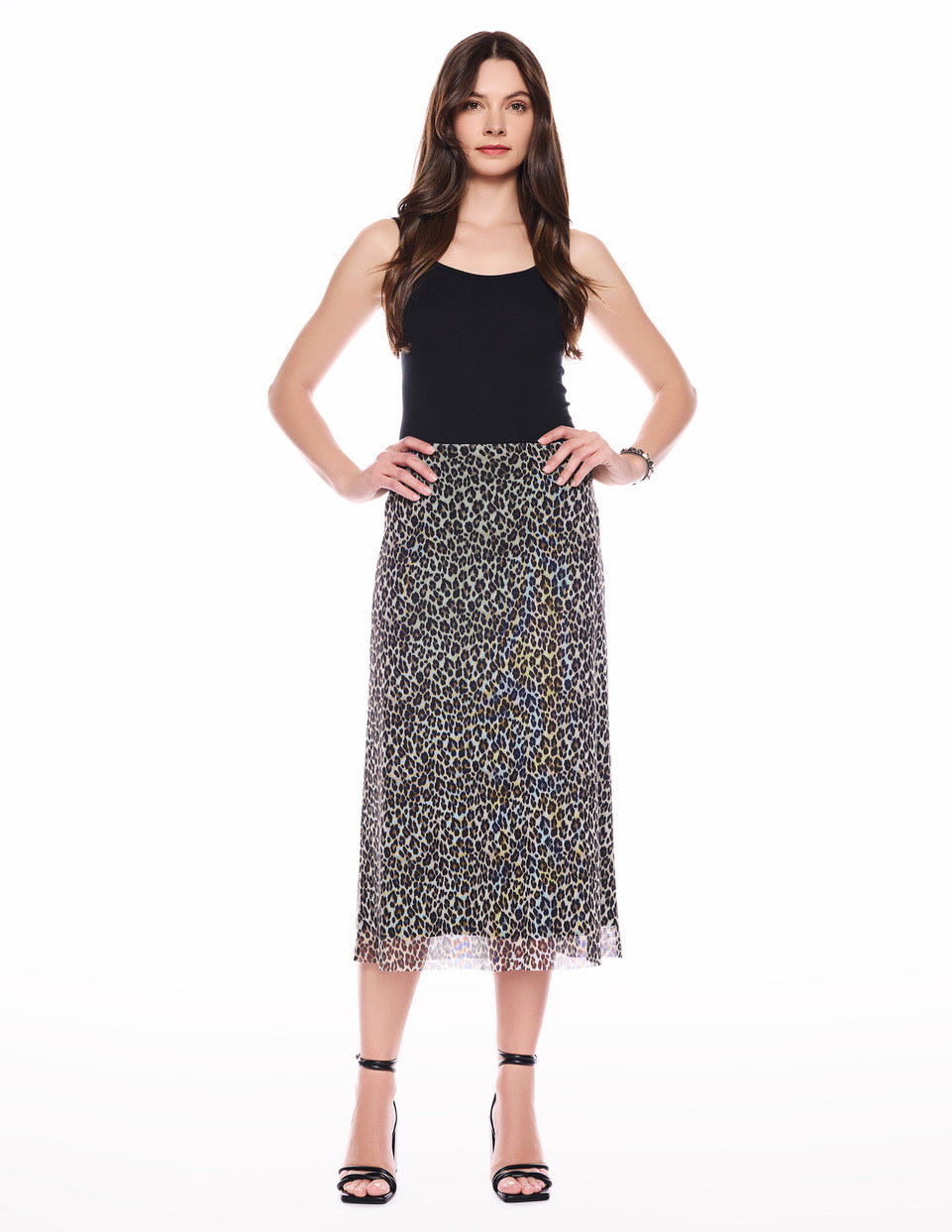 Black Leopard Mesh Midi Skirt