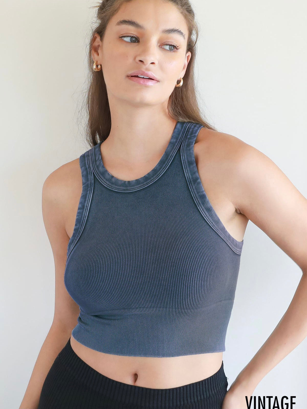 Ribbed High Neck Crop Top Vintage Denim