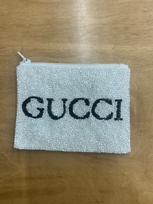 GG White w Black Letters Beaded Pouch