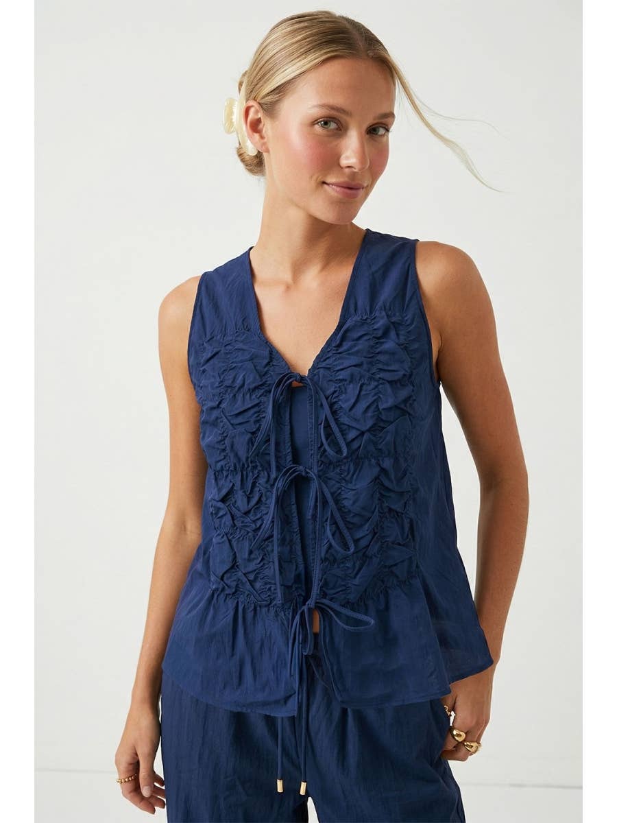 Navy Ruched Tie Front Top