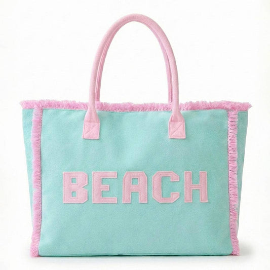 BEACH Letter Embroidery Terry Cloth Frayed Shoulder Tote Bag: Mint