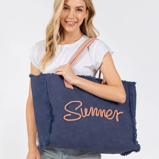 SUMMER Message Embroidered Fringe Canvas Tote Beach Bag: Navy
