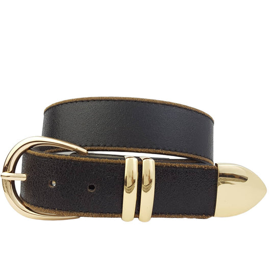 Vintage Leather Belt With Shiny Gold Black