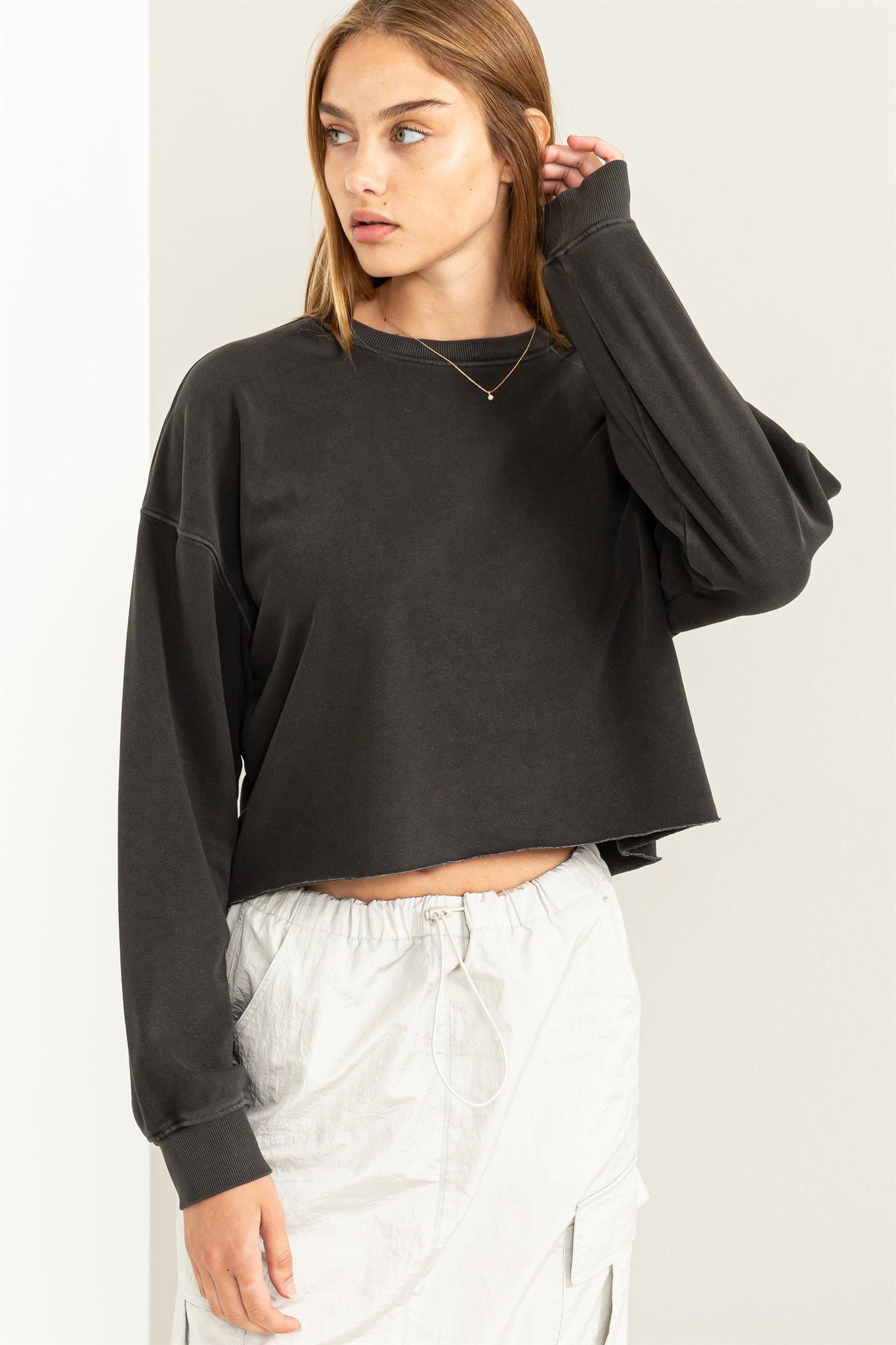 Relax and Retreat Oversized Cropped Sweatshirt in Black