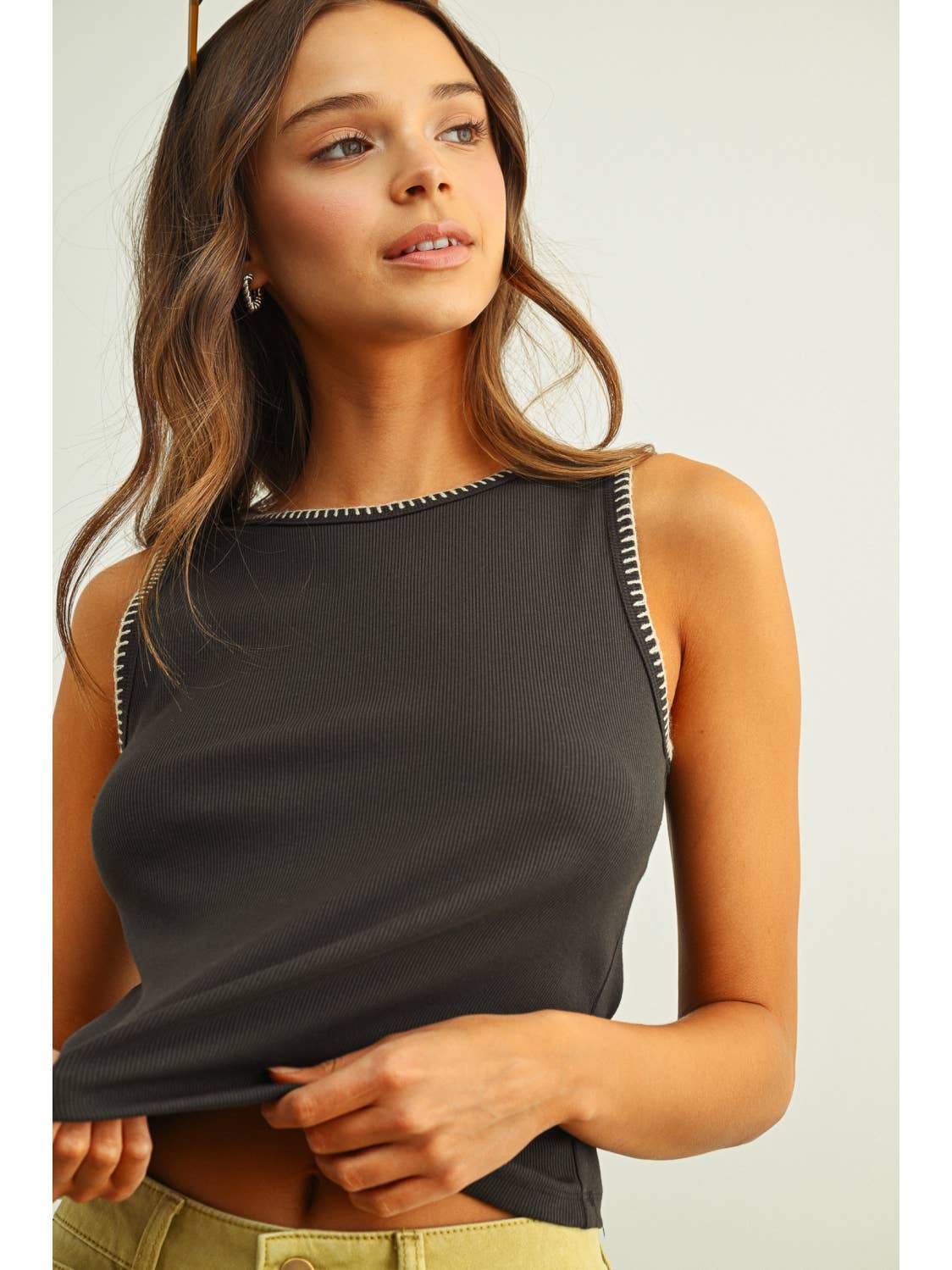 Mini Ribbed Whipstitch Tank Charcoal