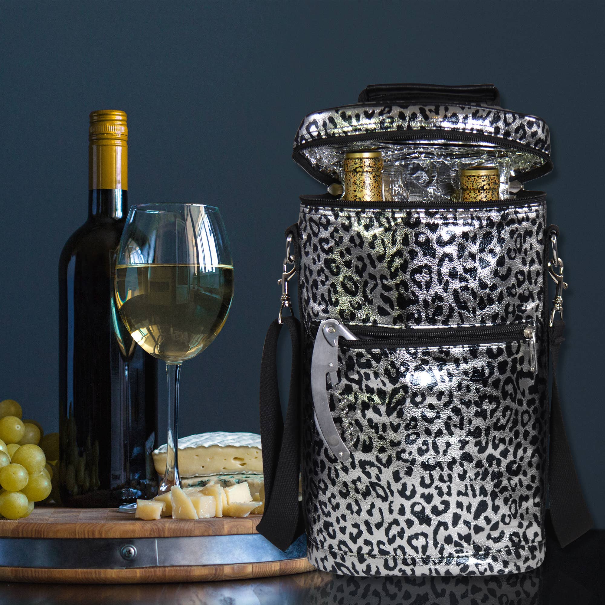 Wine Bottle Carrier - Silver Leopard