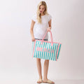 BEACH Letter Embroidery Terry Cloth Frayed Striped Shoulder Tote Bag: Teal