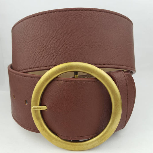 Wide Width Belt With Round Buckle Brown