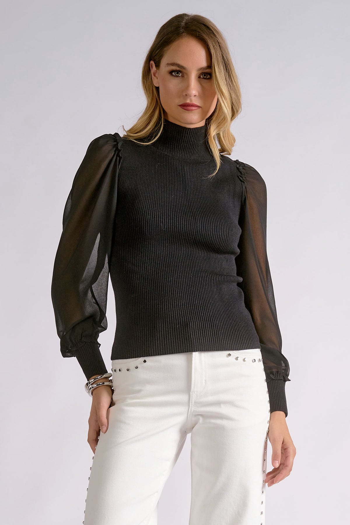 Sheer Sleeve Mock Neck Sweater