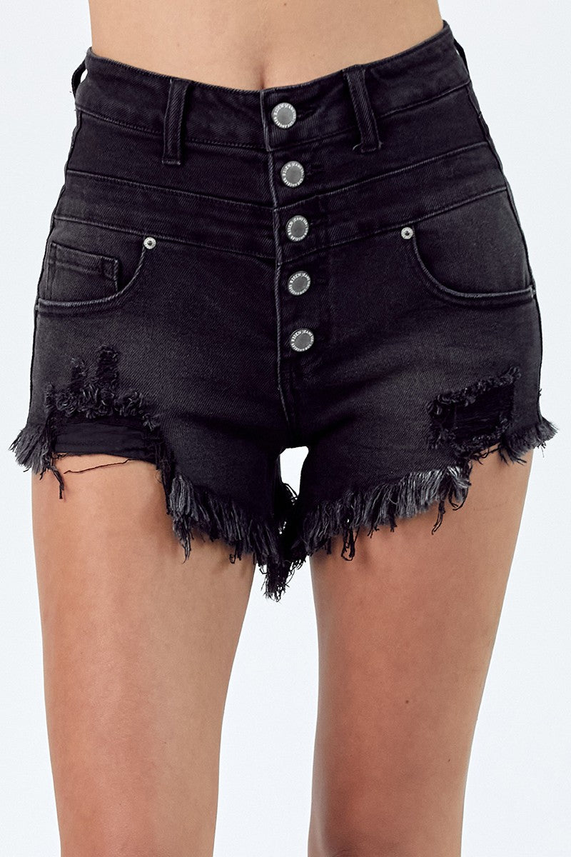 Button Fly Distressed Shorts Black